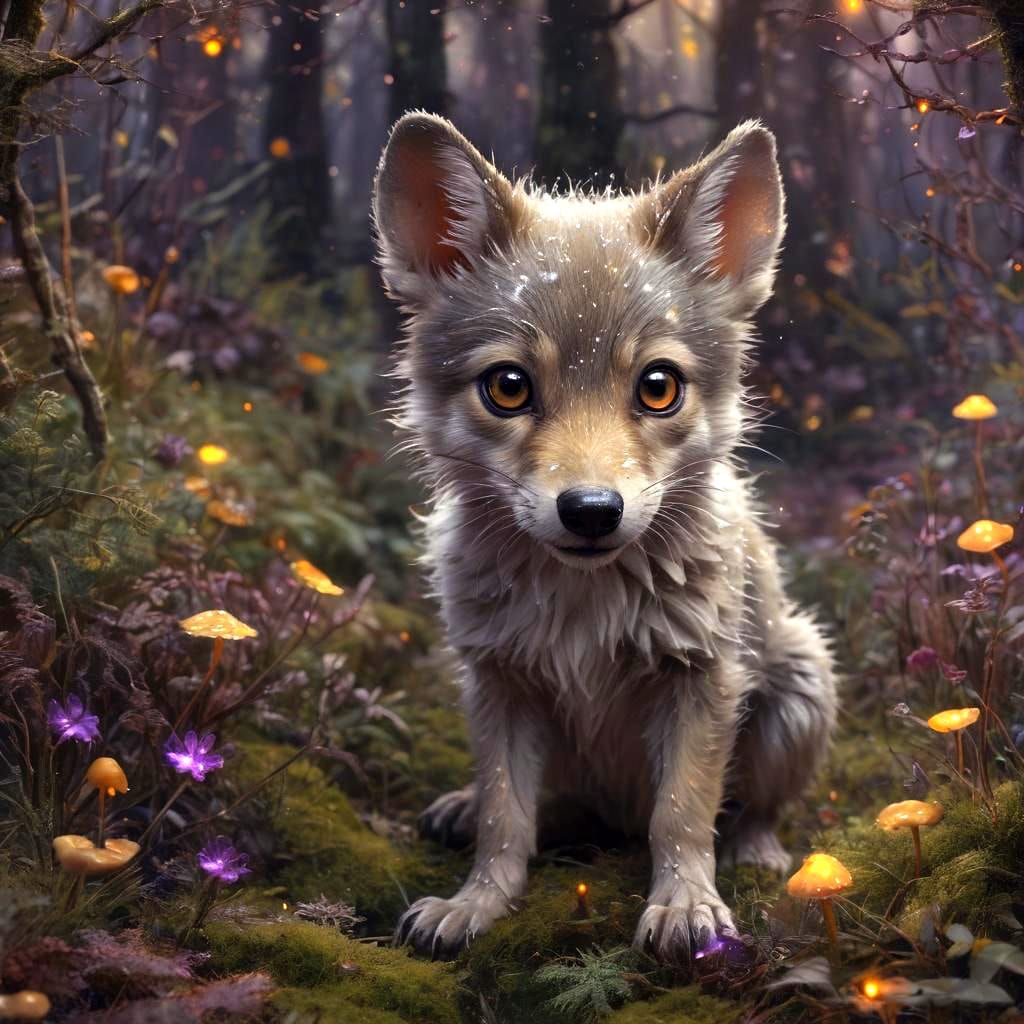 Whimsical Creature in Dewy Landscape