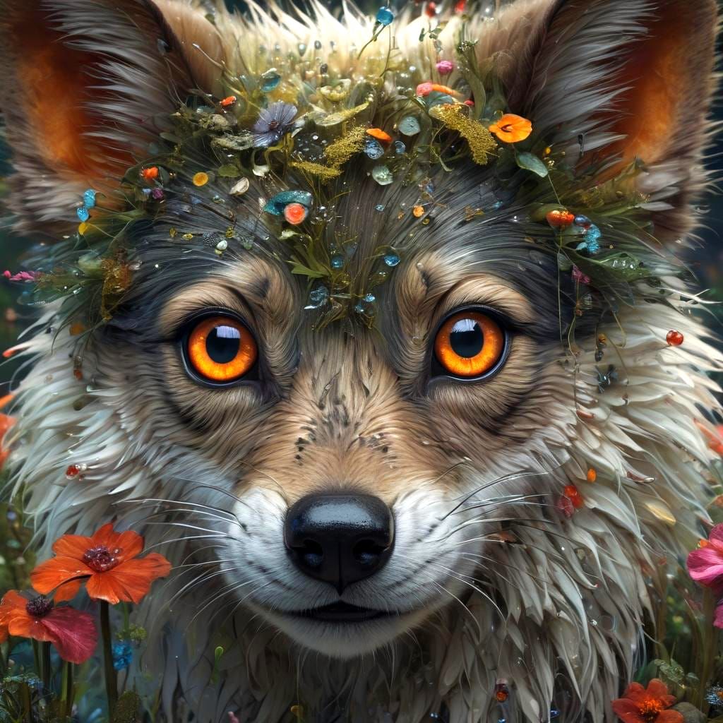 Vibrant Fantastical Wolf-Mouse Creature in a Whimsical Fores...