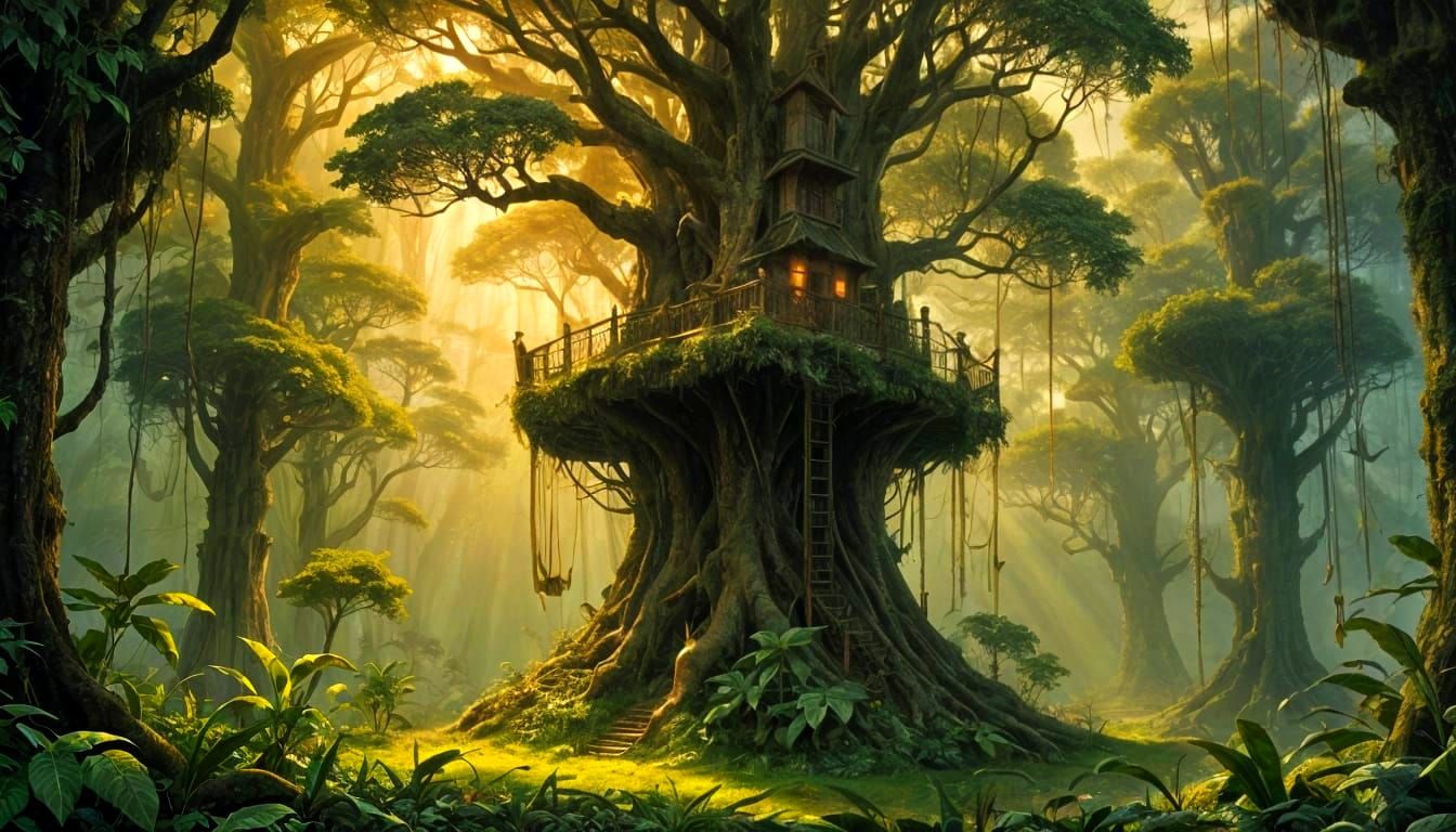 Beksiński-Inspired Treehouse in Jungle with Crepuscular Rays