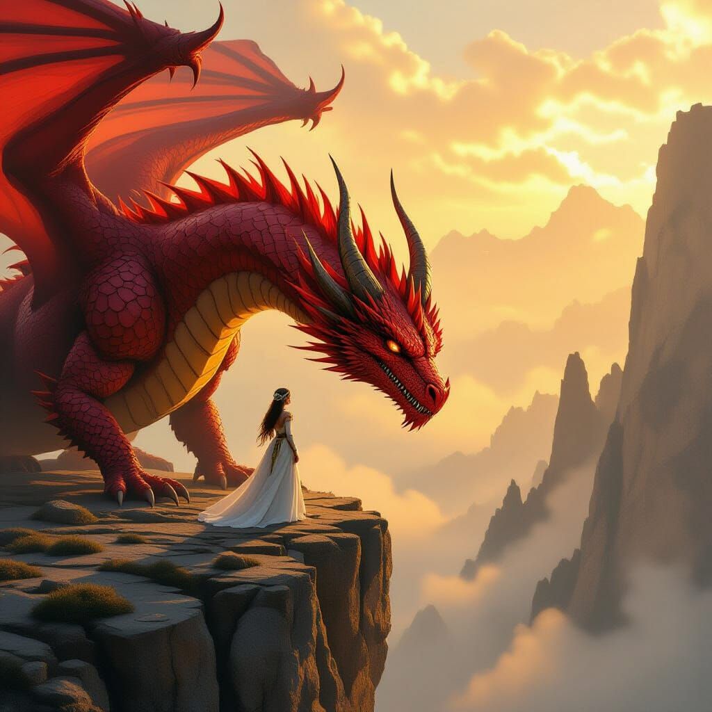 Tiny Elf Befriends Giant Dragon on Cliff Edge