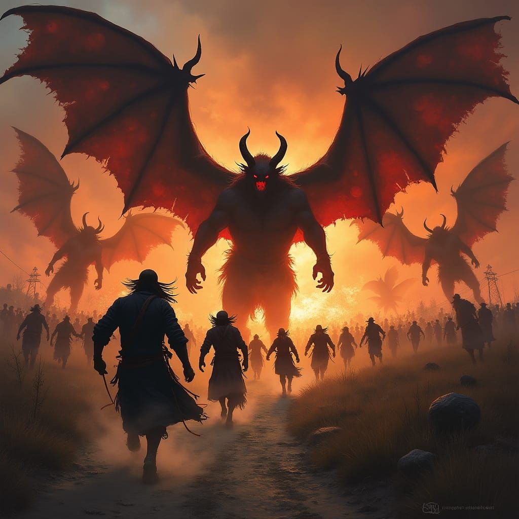 Demons Take Flight: Villagers Flee in Dark Fantasy Art
