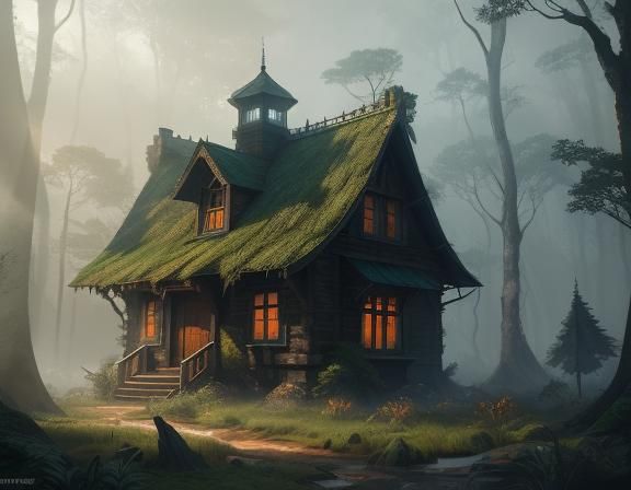 Misty Forest House: Detailed Fantasy Concept Art