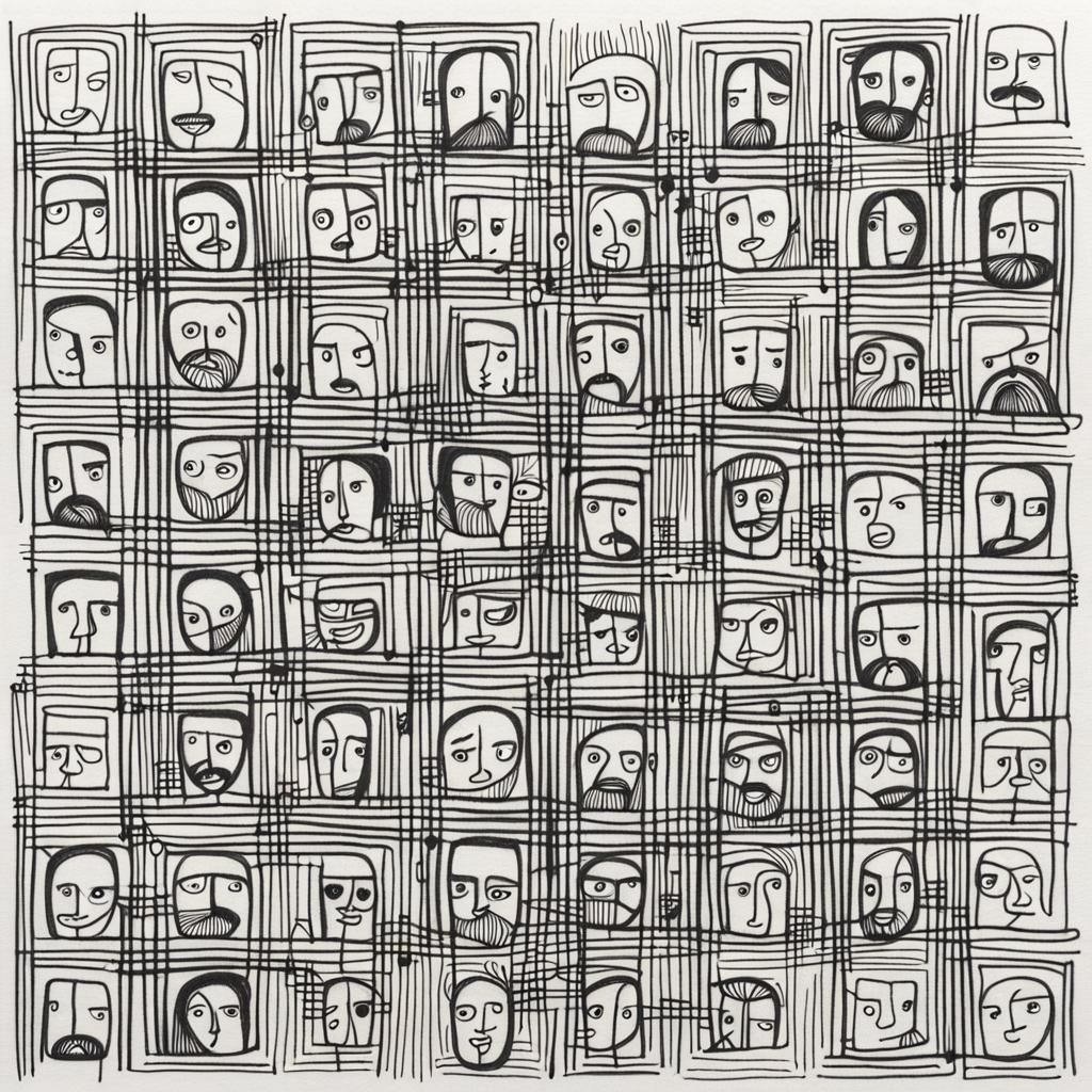 Faces in Squares: Simple Black Ink Doodle