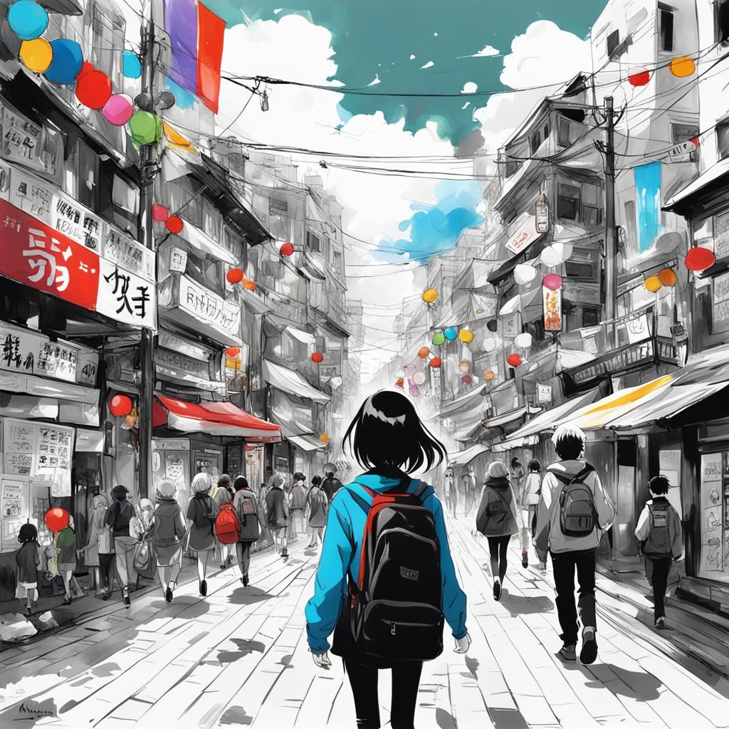 Vibrant City with Girl in Anime Style