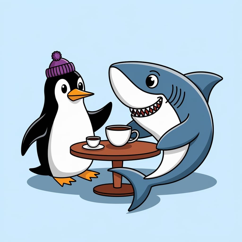 Penguin and Shark Enjoying Tea Together