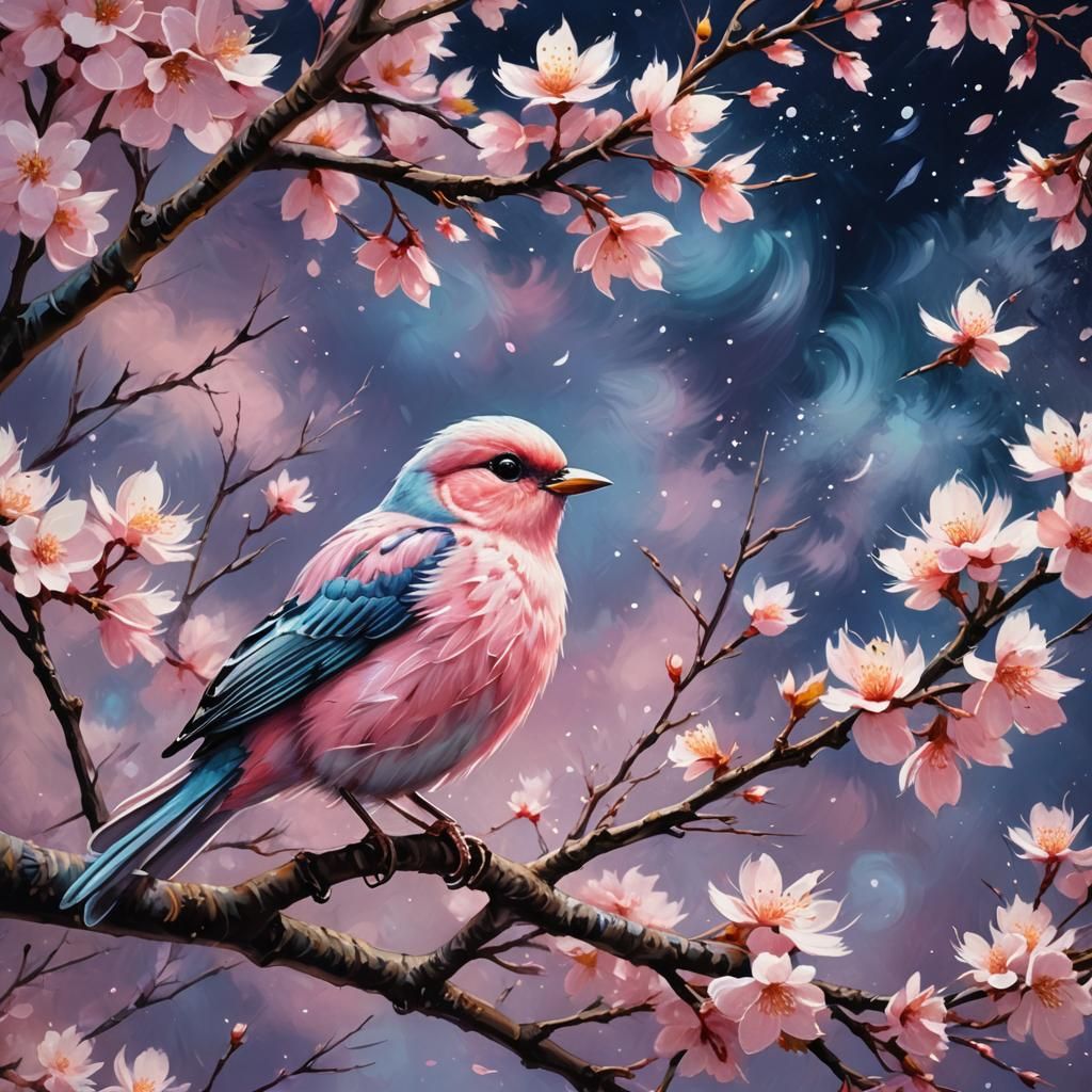Enchanted Pink Bird on Sakura Tree at Night