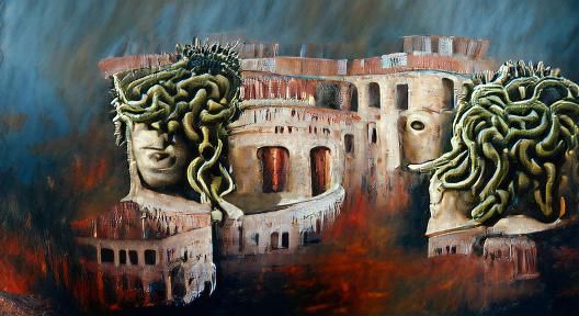 Medusa Rises in Roman Coliseum: Oil Painting