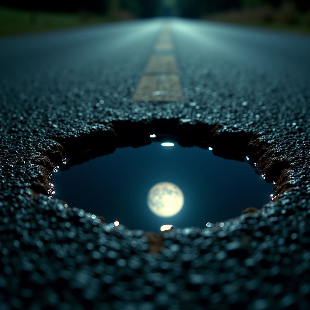 Moon Reflection in Asphalt Pothole at Night