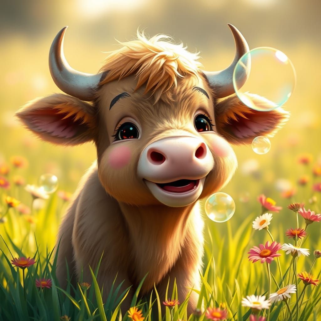 Whimsical Bull in a Sun-Drenched Meadow