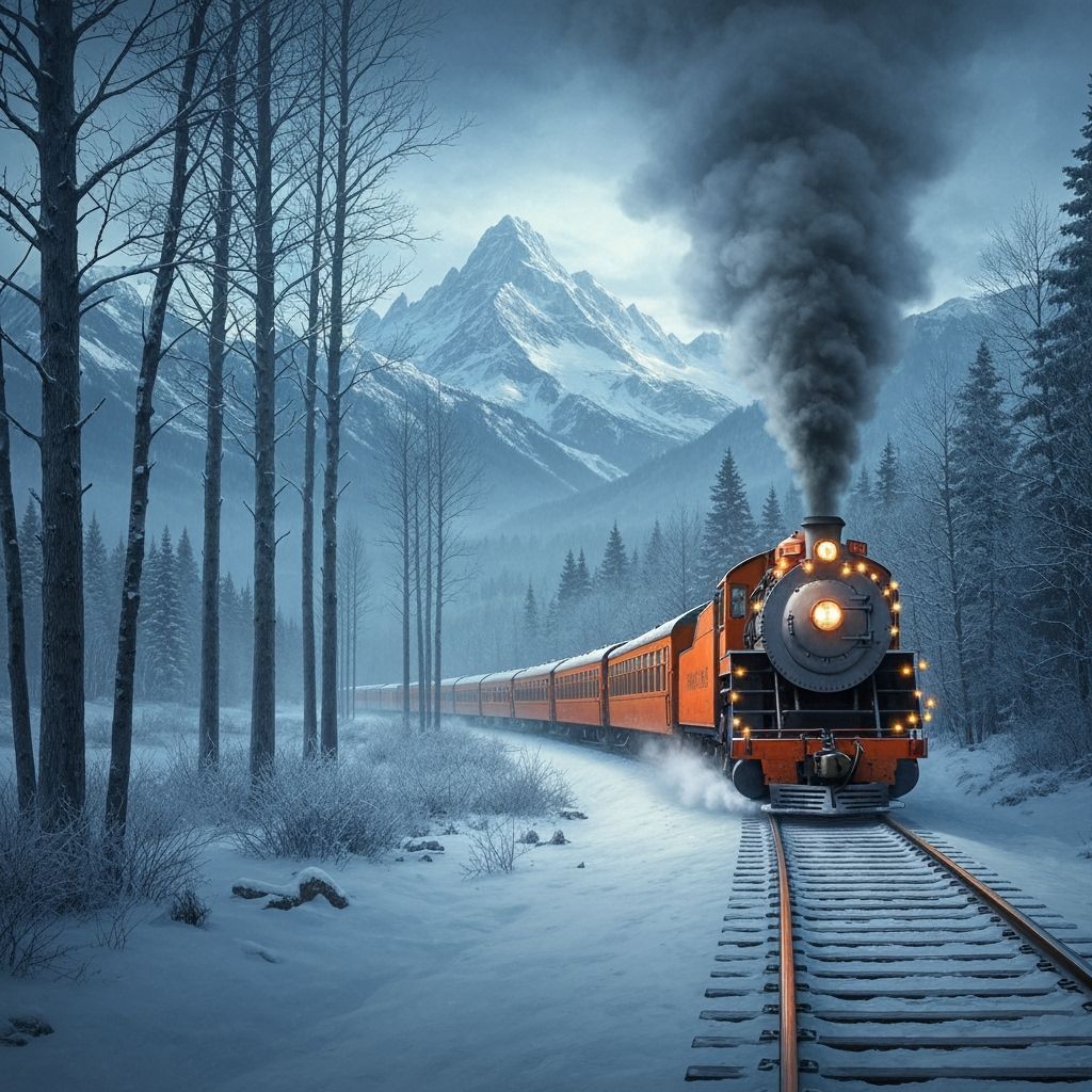 Vintage Orange Steam Train in Snowy Landscape Digital Painti...