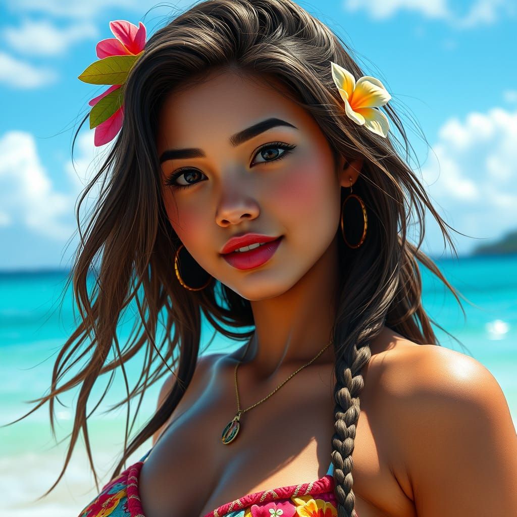 Hyper Realistic Hawaiian Goddess in Tropical Paradise