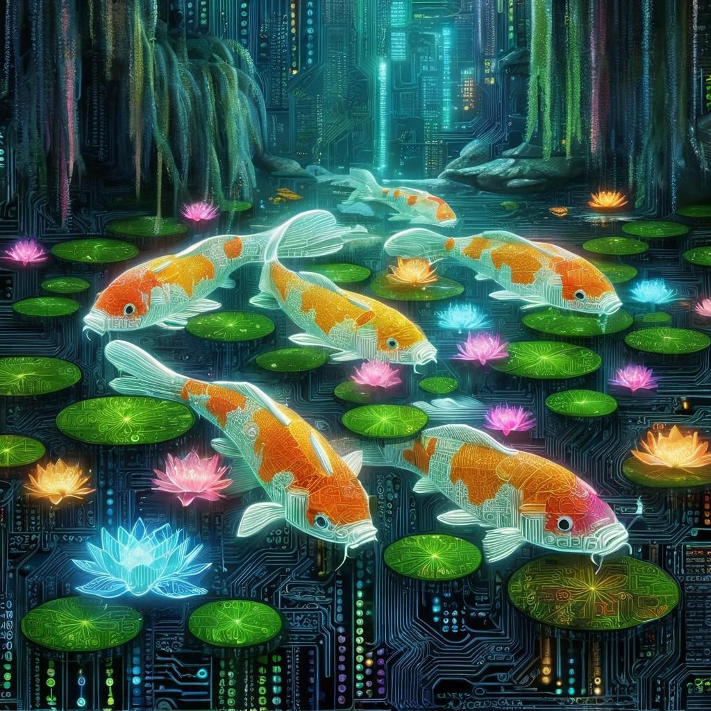 Bionic Koi in Bioluminescent Cyberpunk Pool