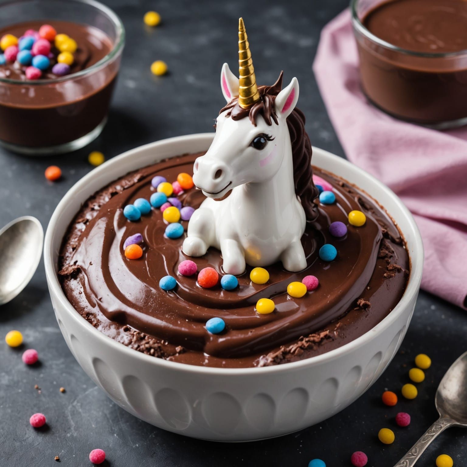 a bowl of chocolate pudding with a unicorn rising out of the...