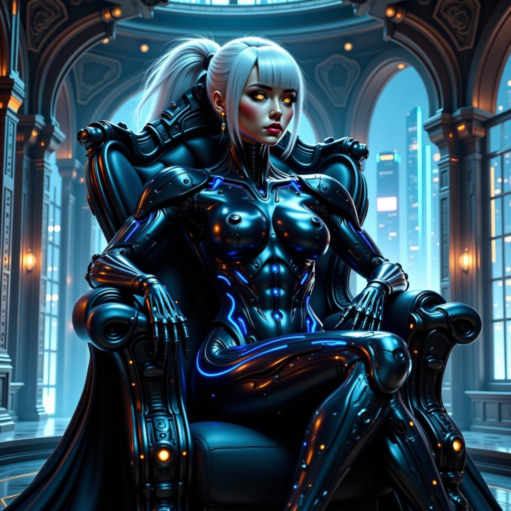 Cyberpunk Queen on Throne in Futuristic Cityscape