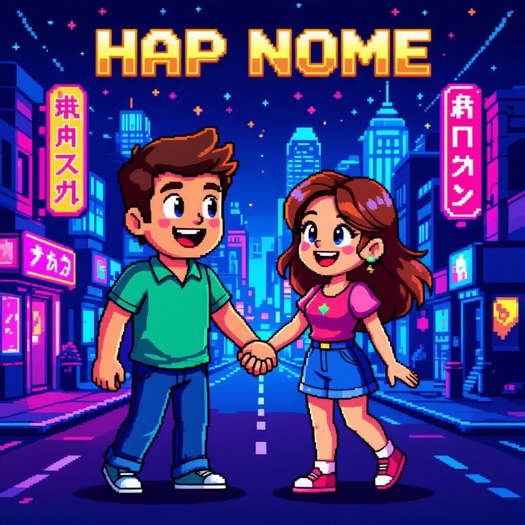 Happy Couple in Vibrant 8-Bit Pixel Art Style