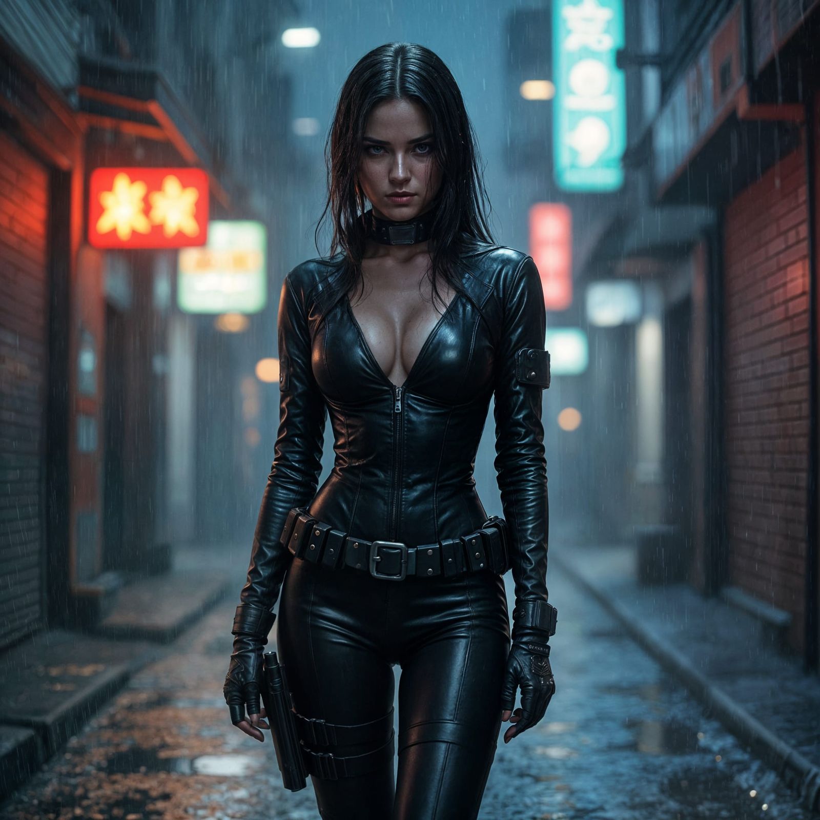 Bounty Hunter in Grimy Neon Alleyway