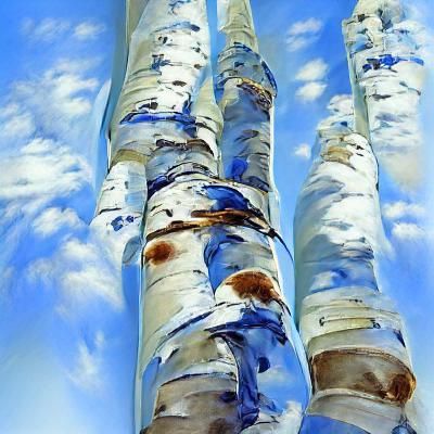 Birch Trees Against Blue Sky in Watercolor Acrylic Style