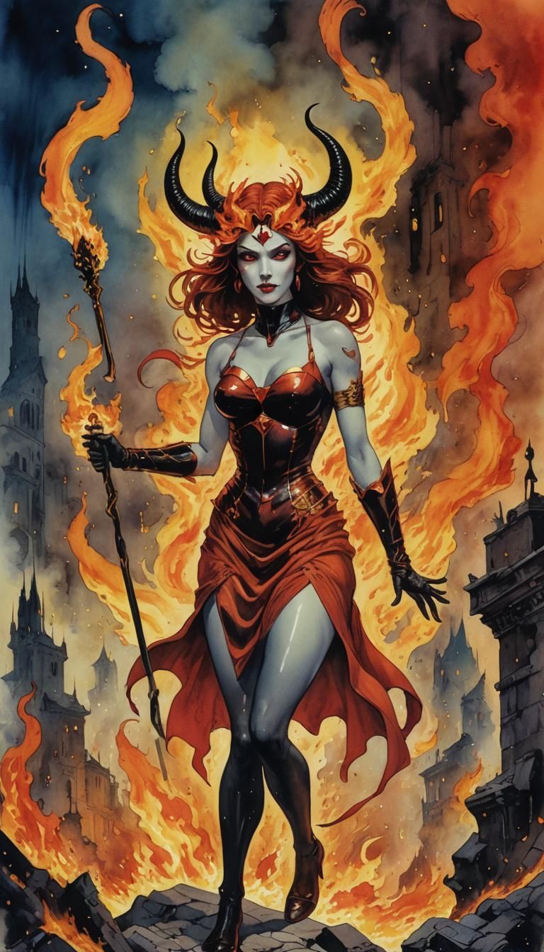 She-Devil Pin-Up in Hell: Watercolor Illustration