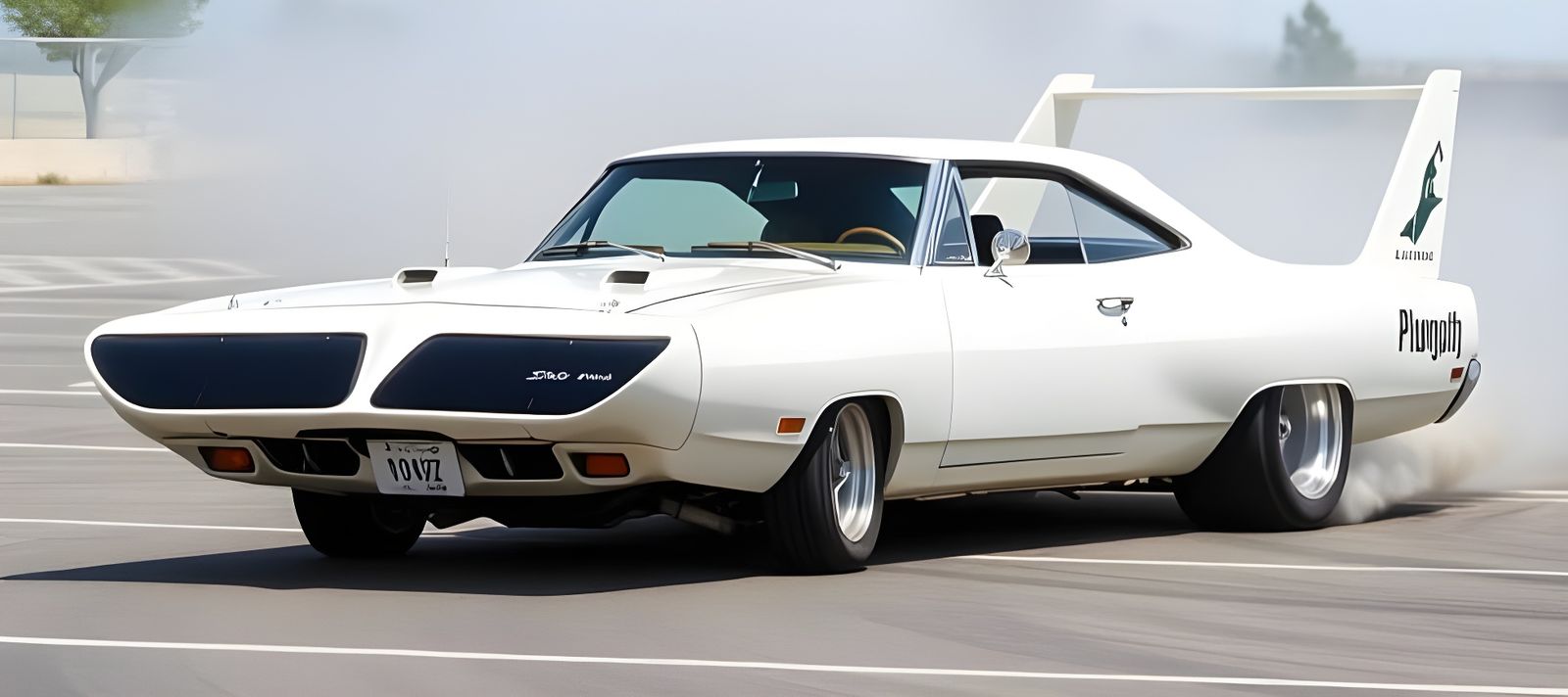 White 1970 Plymouth Superbird Drifting Sideways