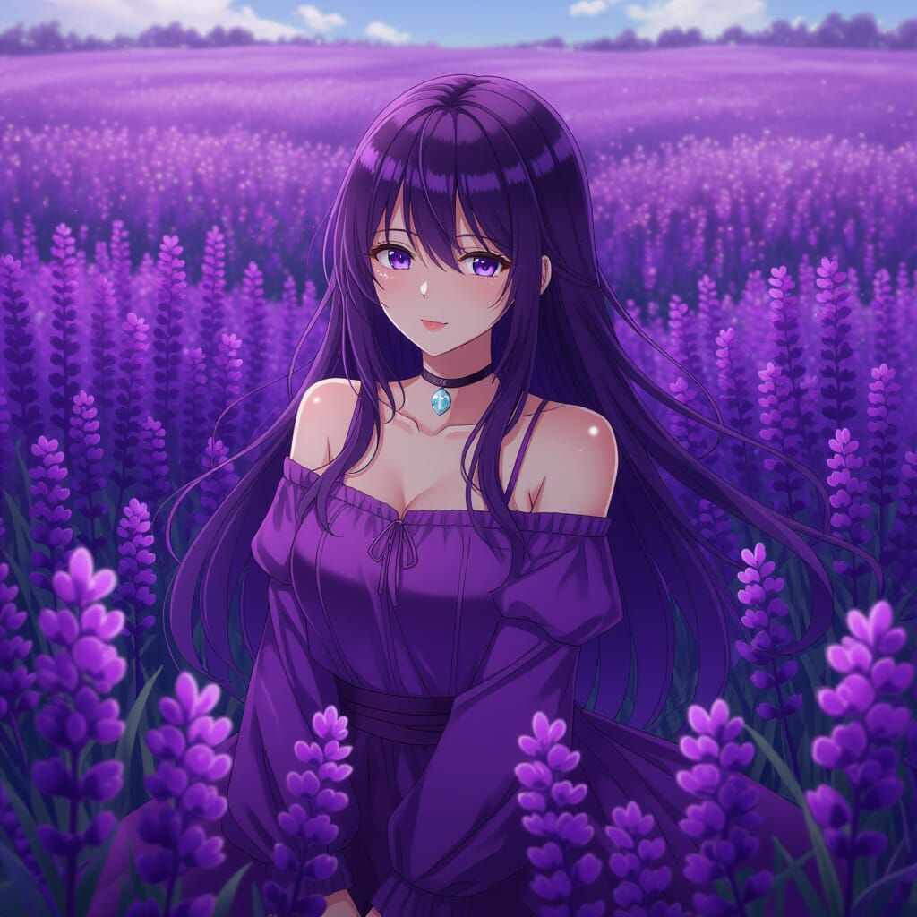Purple Anime Woman in Field of Flowers