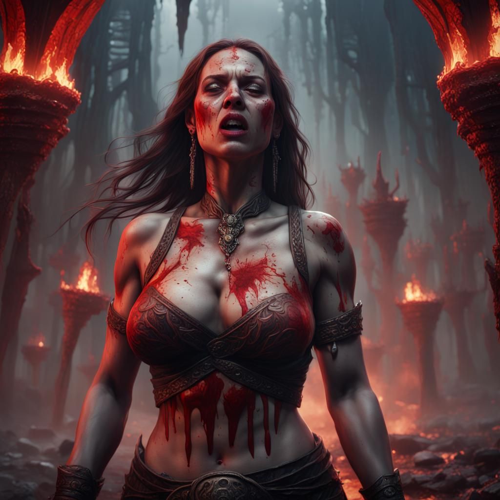 Powerful Woman Crying Bloody Tears: Detailed Matte Painting