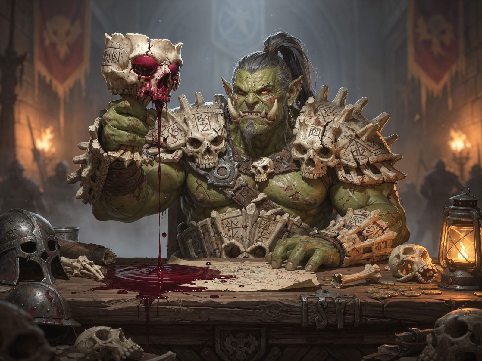 Battle-Scarred Orc Celebrates Victory with Bone Chalice
