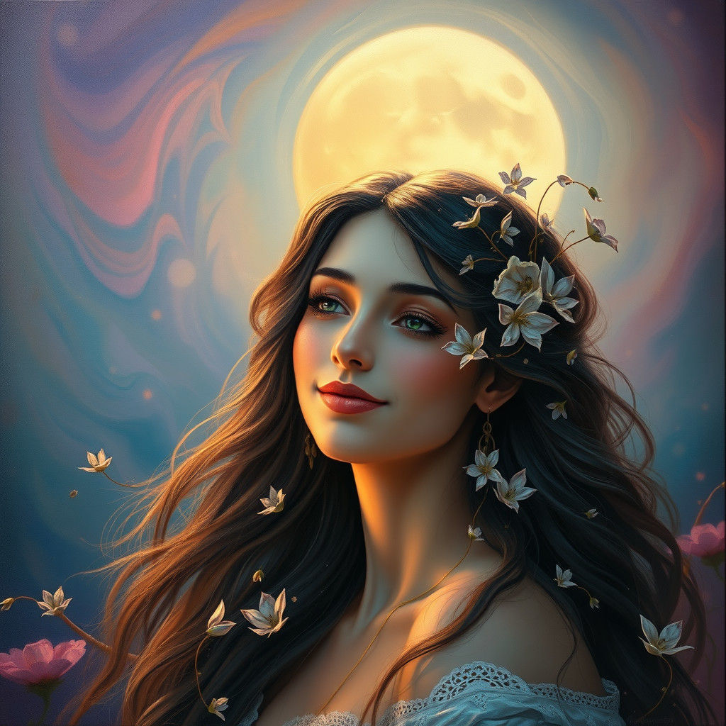 A mystical, enchanting woman, beautiful smile, with lustrous, cascading tresses adorned with delicate flowers, exuding m...