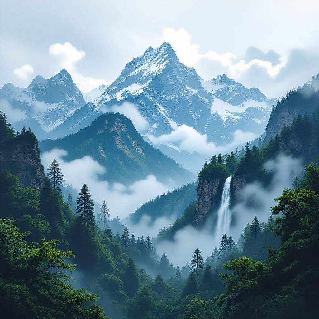 Double Exposure: Mountains and Misty Waterfalls