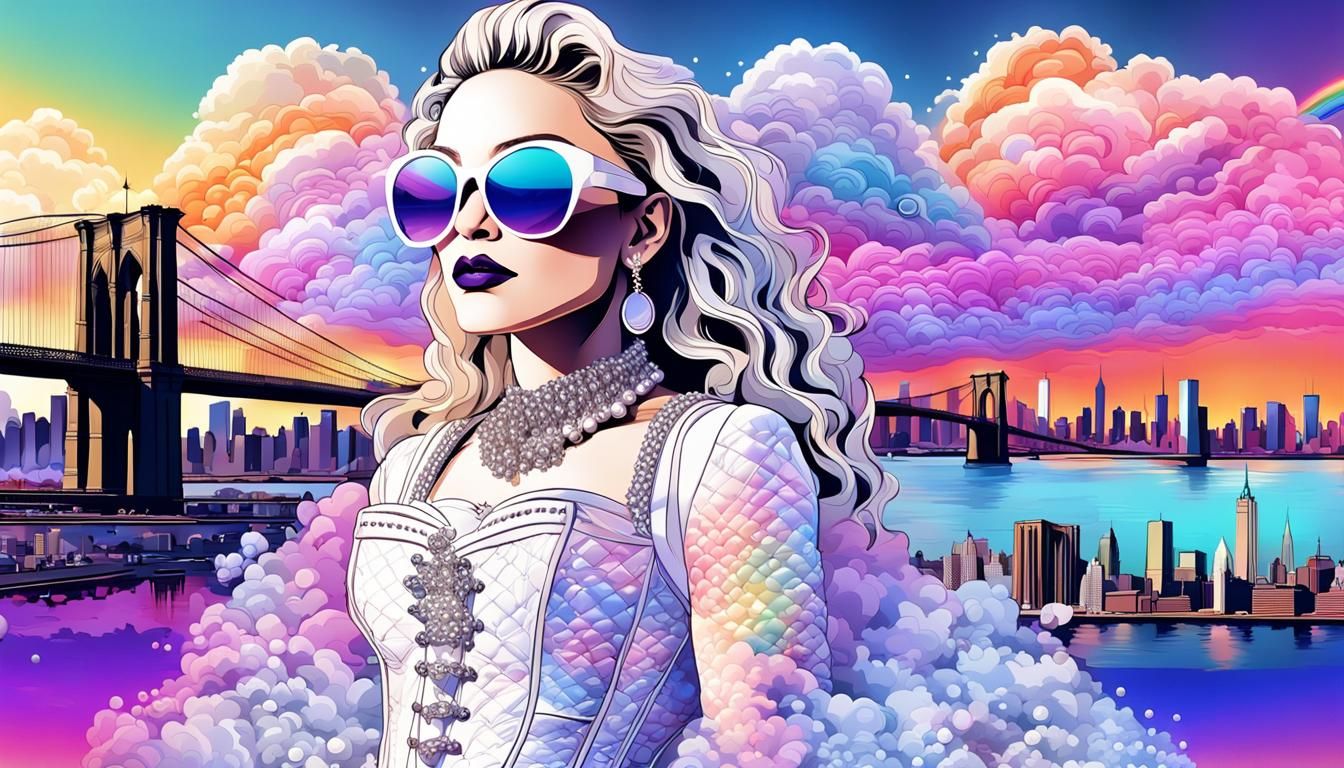 Madonna-esque Singer in Colorful Cityscape, Vector Art