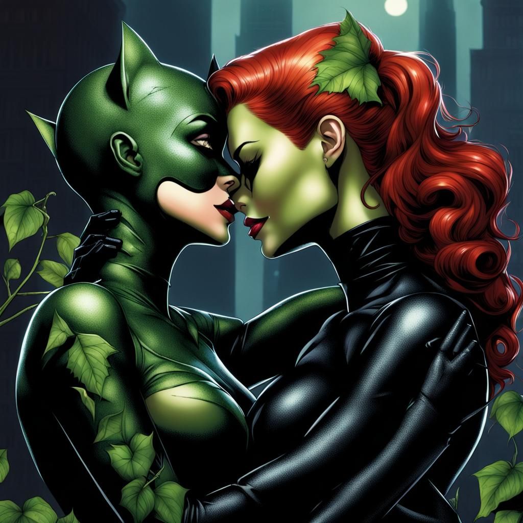 Catwoman and Poison Ivy kiss and caress each other, affectionately, loving embrace, clinging,
