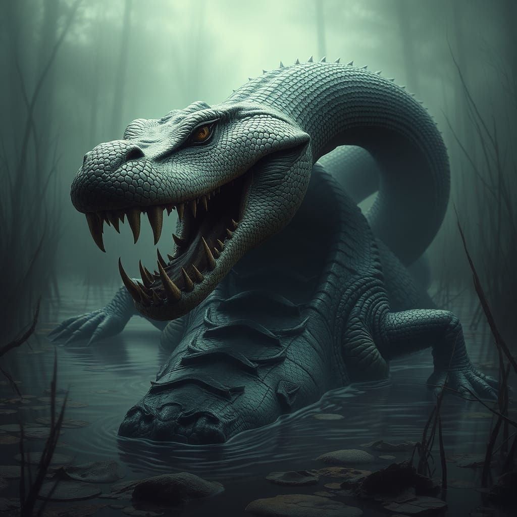 Serpent Crocodile Hybrid in Dark Mystical Swamp