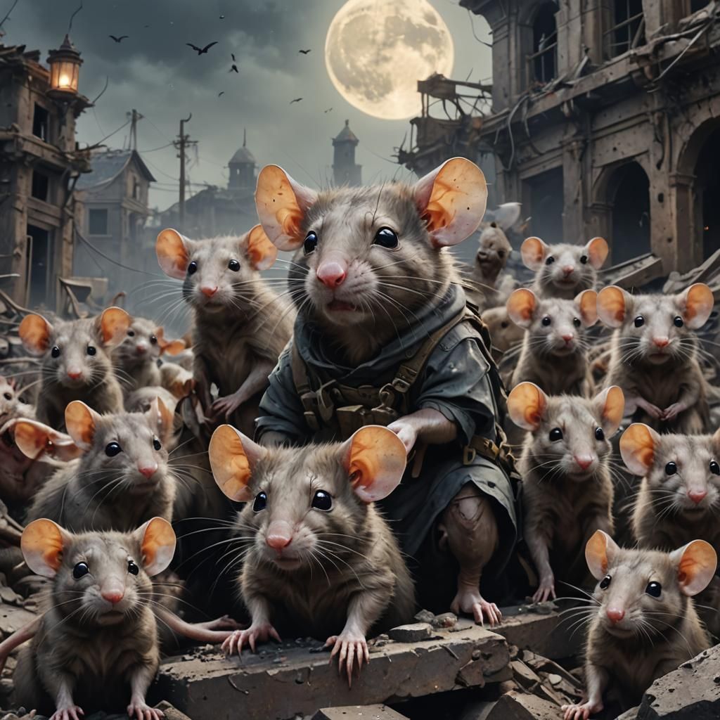 Plague Rats in Post-Apocalyptic Ruins: Acrylic Painting