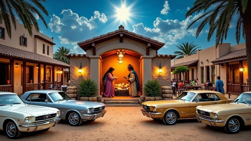Vibrant Ancient Village Scene in a 1960s American Car Aesthe...