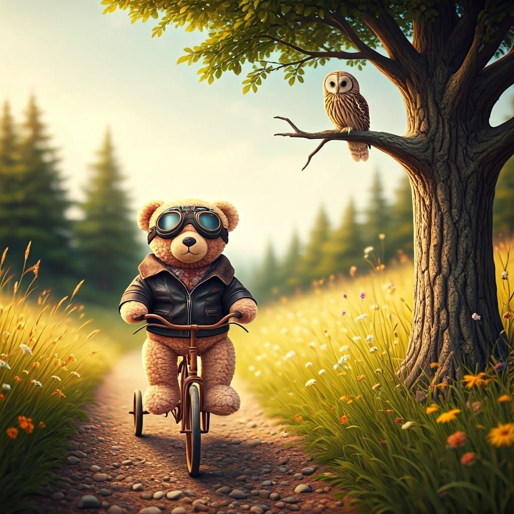 Teddy Bear's Bicycle Ride Watched By Owl