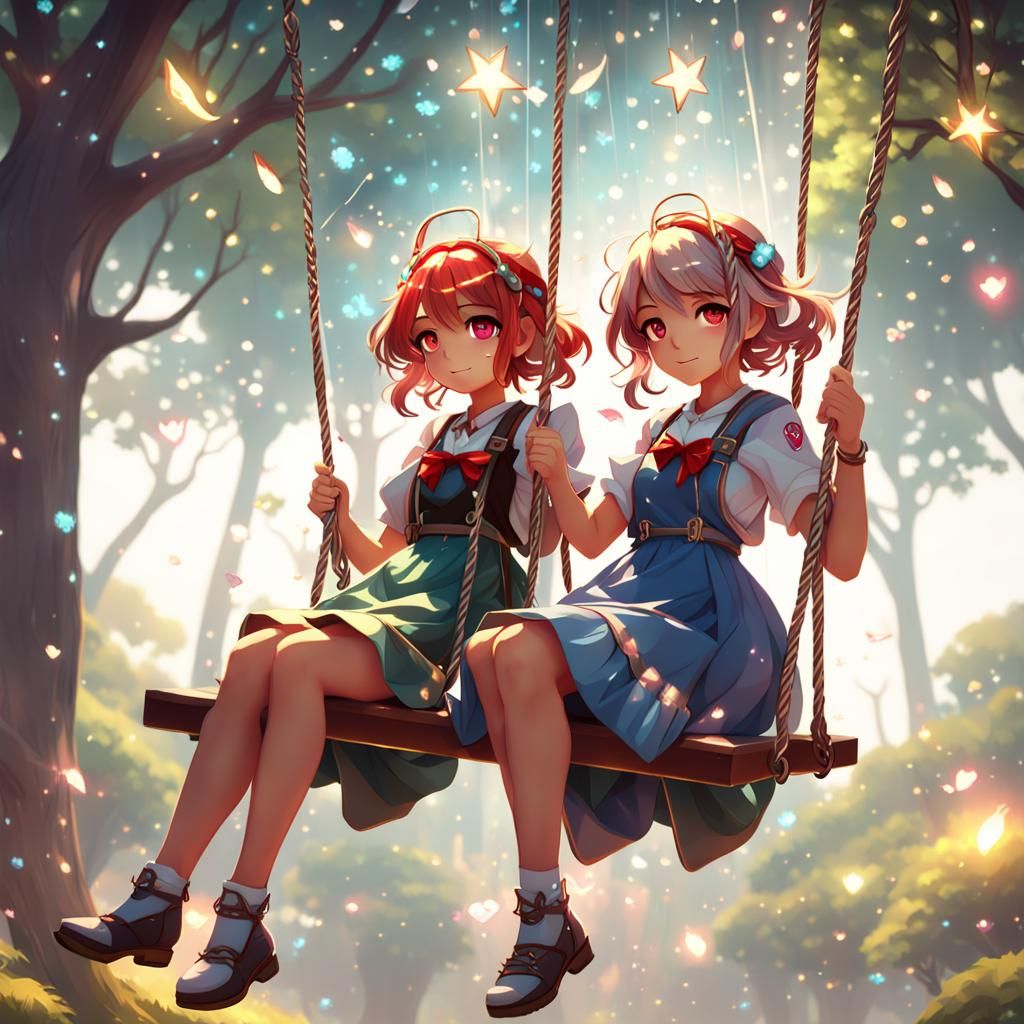 Anime Girls on a Swing with Magic Light