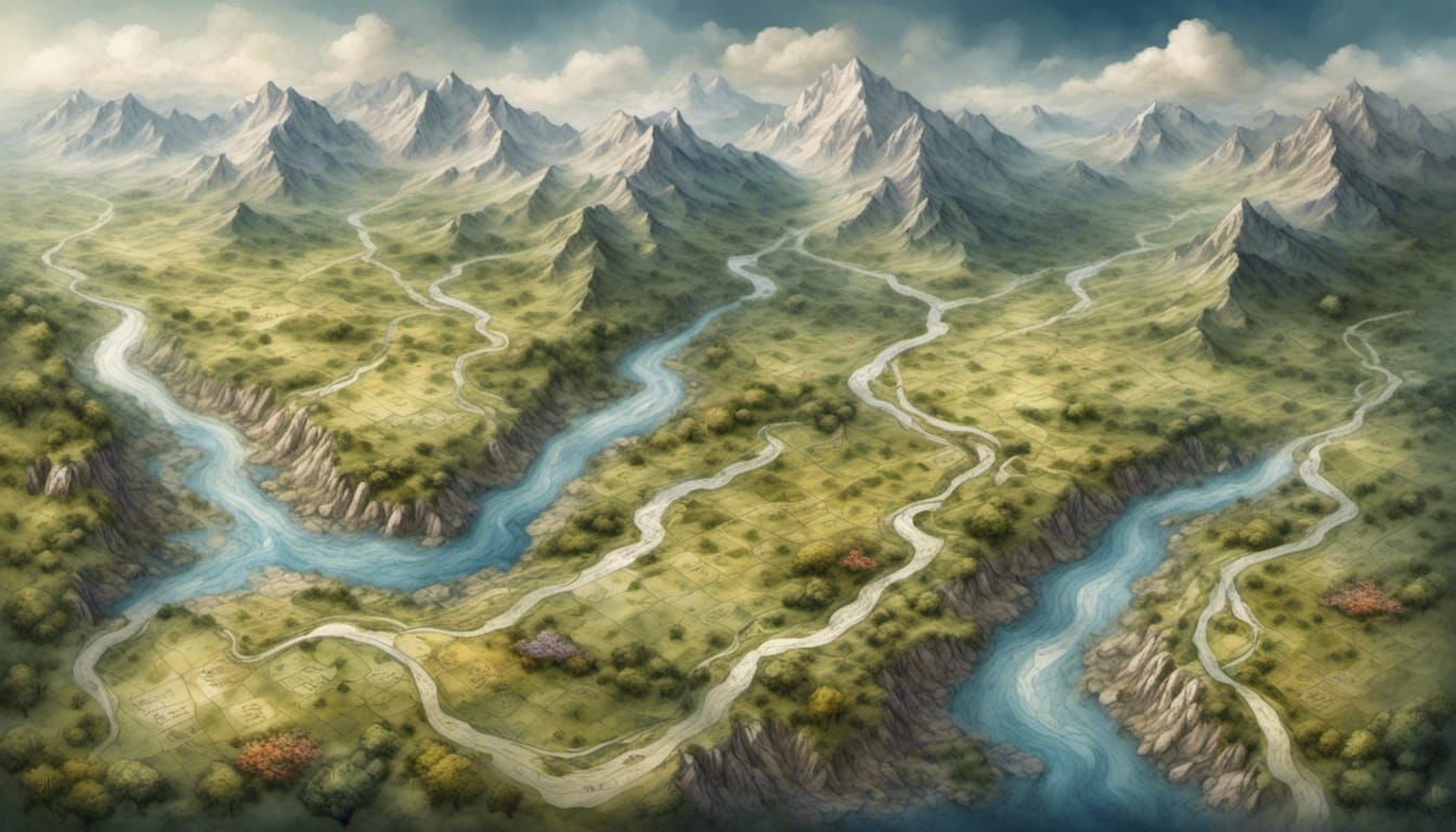 Isometric Map of Mountainous Meadow with River