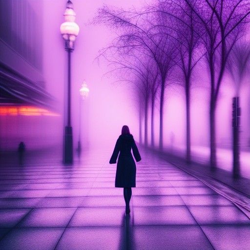 Woman in Violet Glow Walking in Winter City