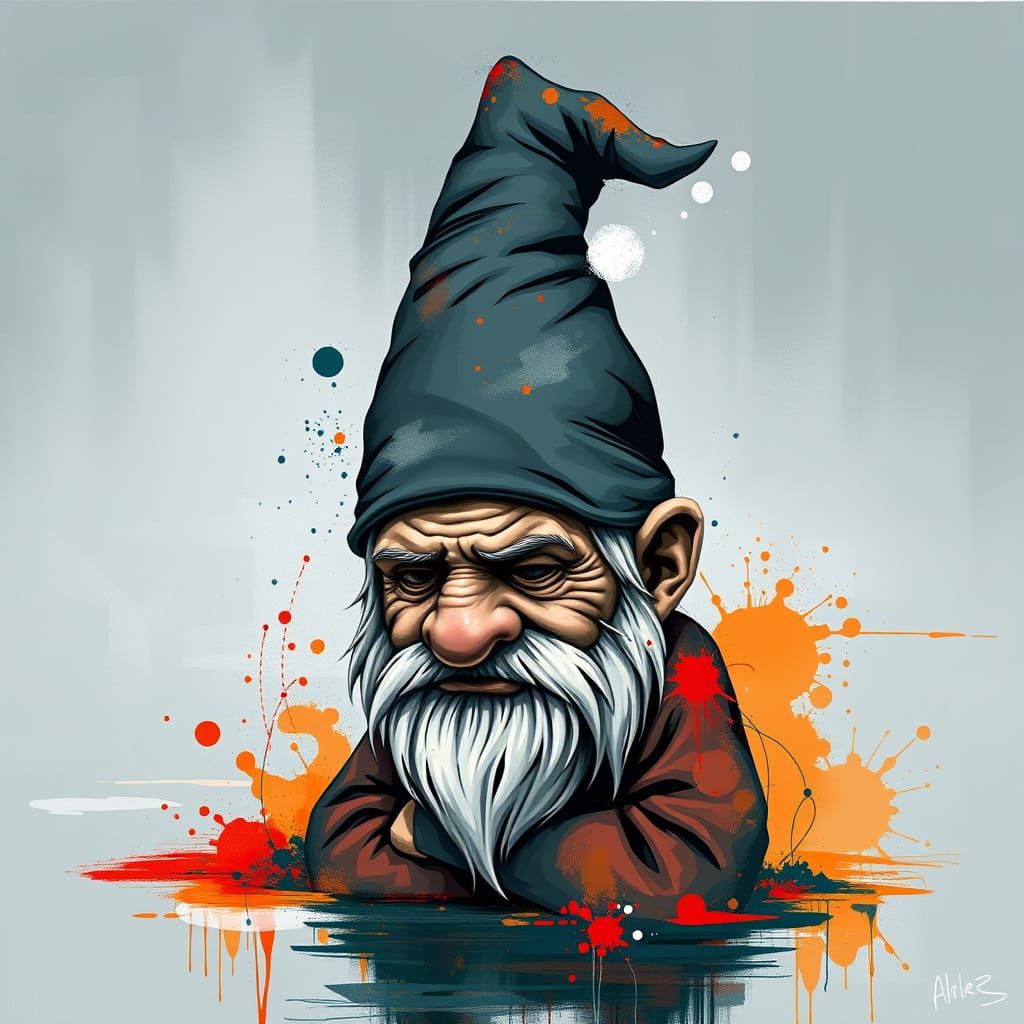 Gnome Lost in Thought with Abstract Lake in Digital Art