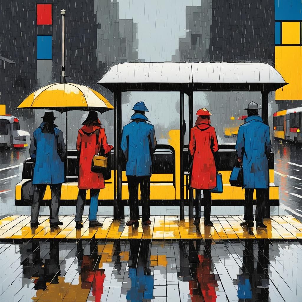 City Bus Stop in the Rain, Mondrian Style
