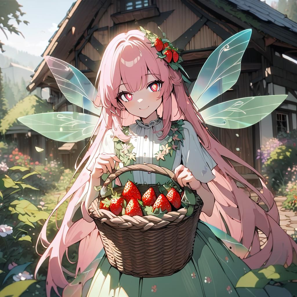 Close-up of a Smiling Fairy with Strawberry Basket