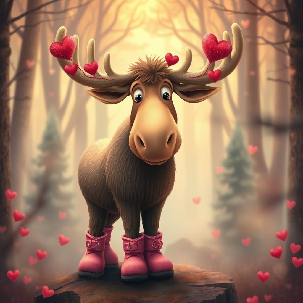 Majestic Whimsical Moose Adorns Antlers with Valentine Heart...