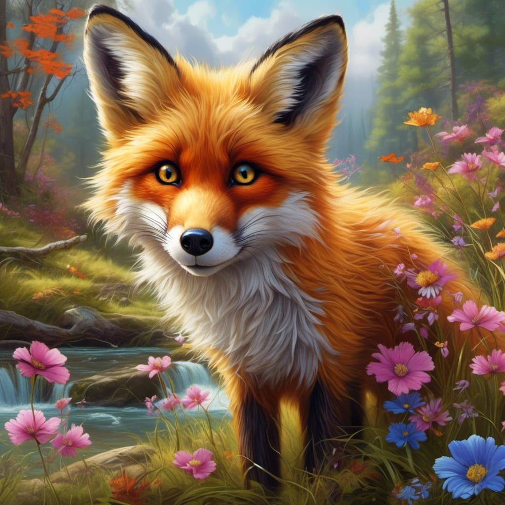 Red Fox in Spring Woods, Detailed Illustration