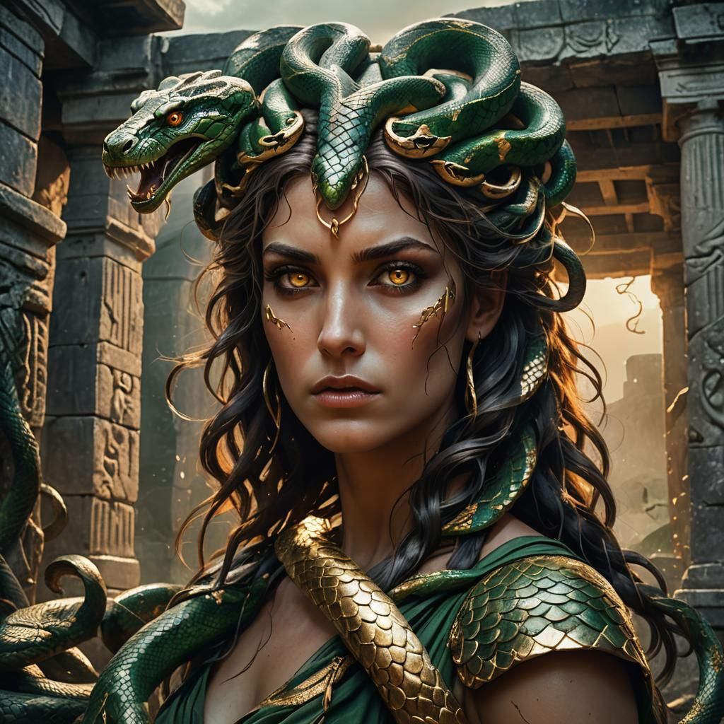 Medusa Portrait in Ancient Greece with Snakes