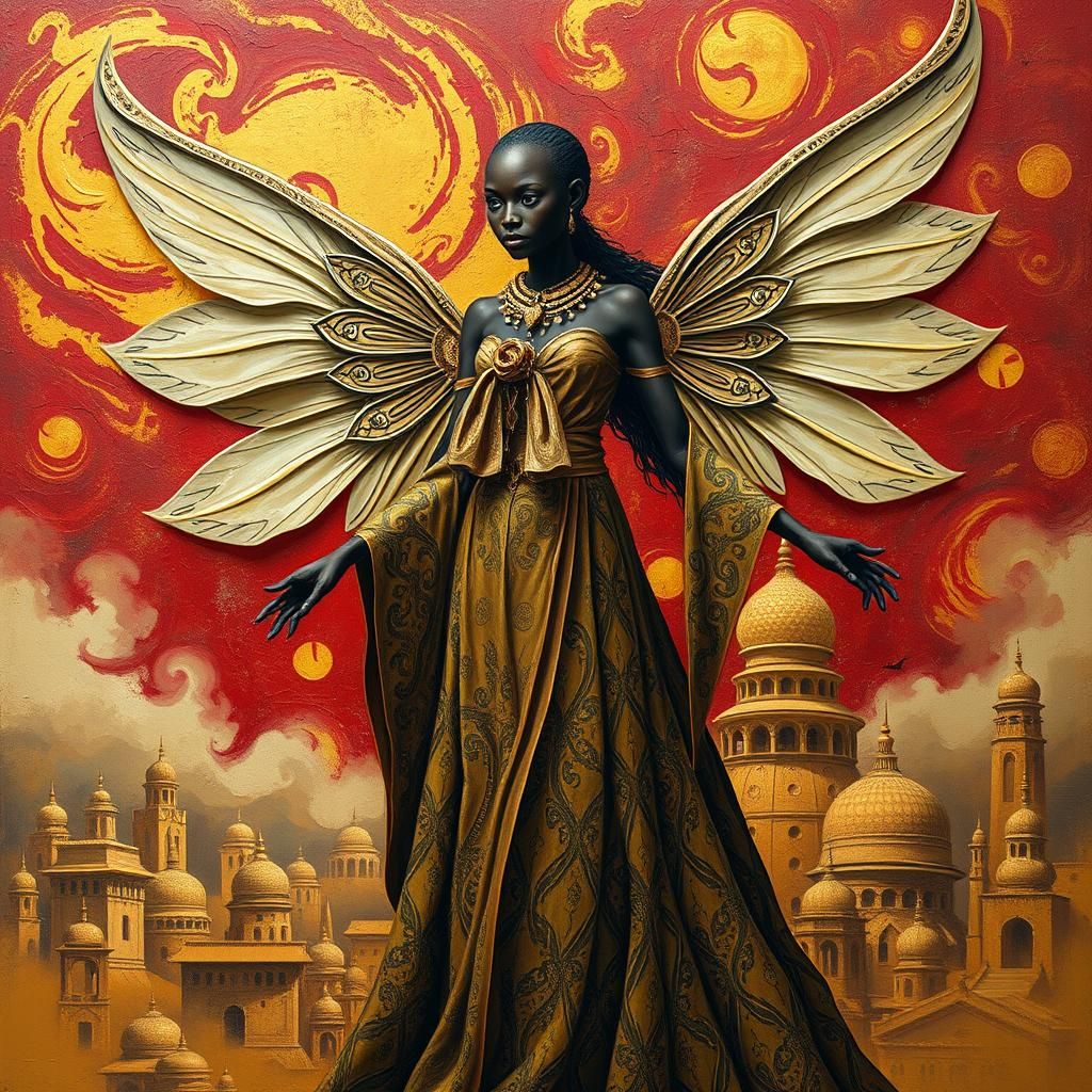 Malian Fairy Elf with Impasto Timbuktu Cityscape