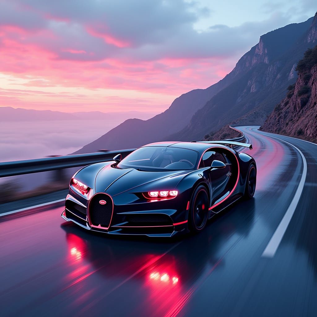 Futuristic Bugatti Speeds Down Winding Mountain Road in Neon...