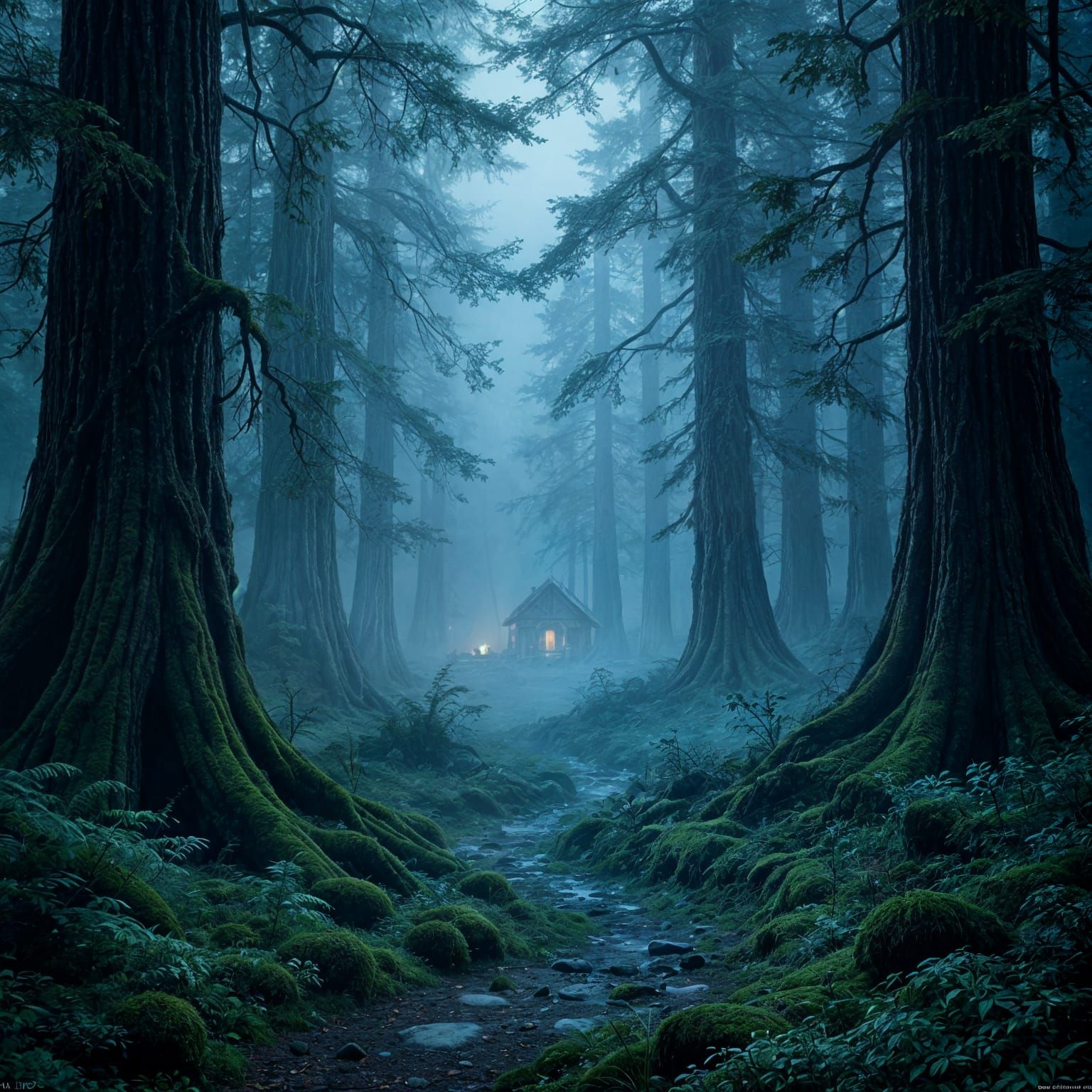 Misty Forest Path with Glowing Hut - Fantasy Concept Art
