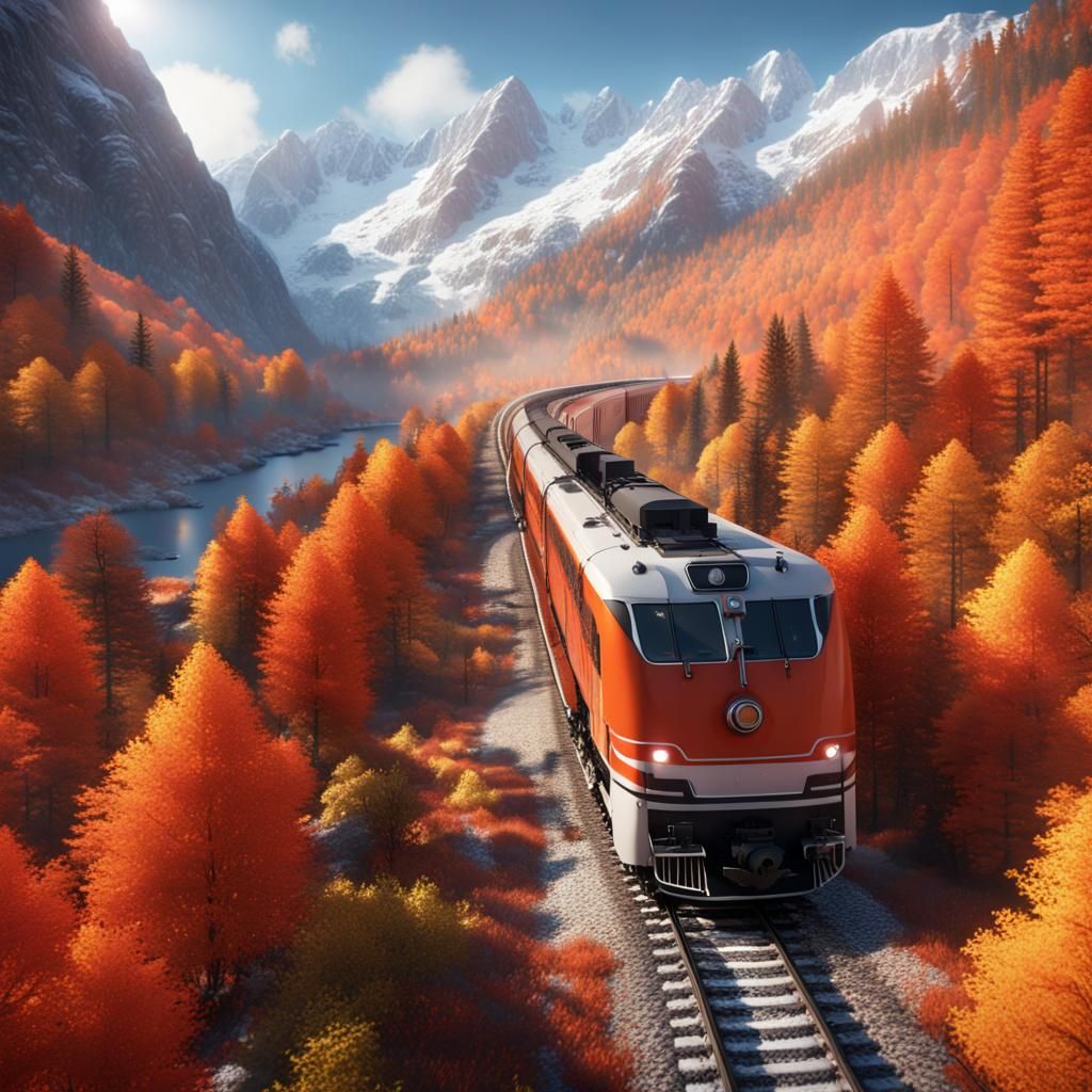 Autumn Train Journey in Snowy Mountains