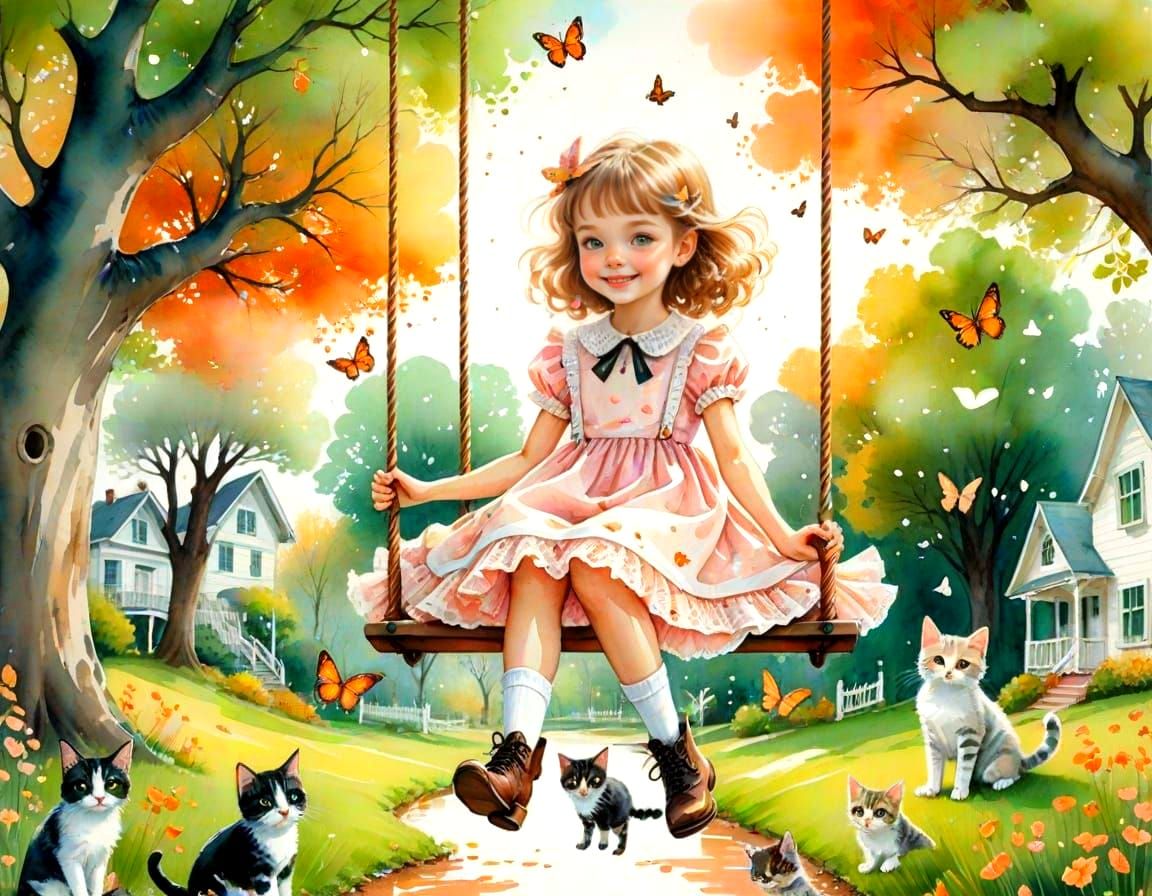 A scene of a little girl on a swing, surrounded by playful kittens