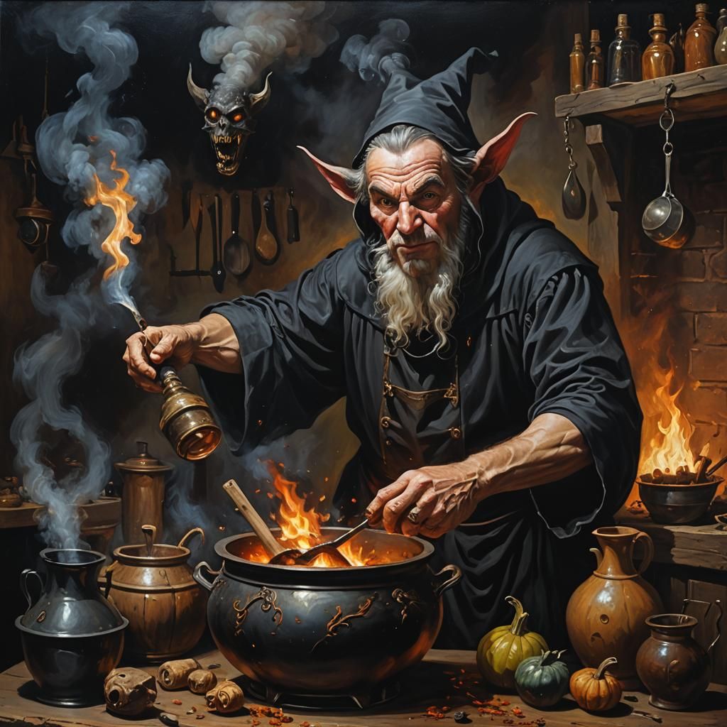 Malignant Sorcerer Brewing Potion in Dark Oil Painting