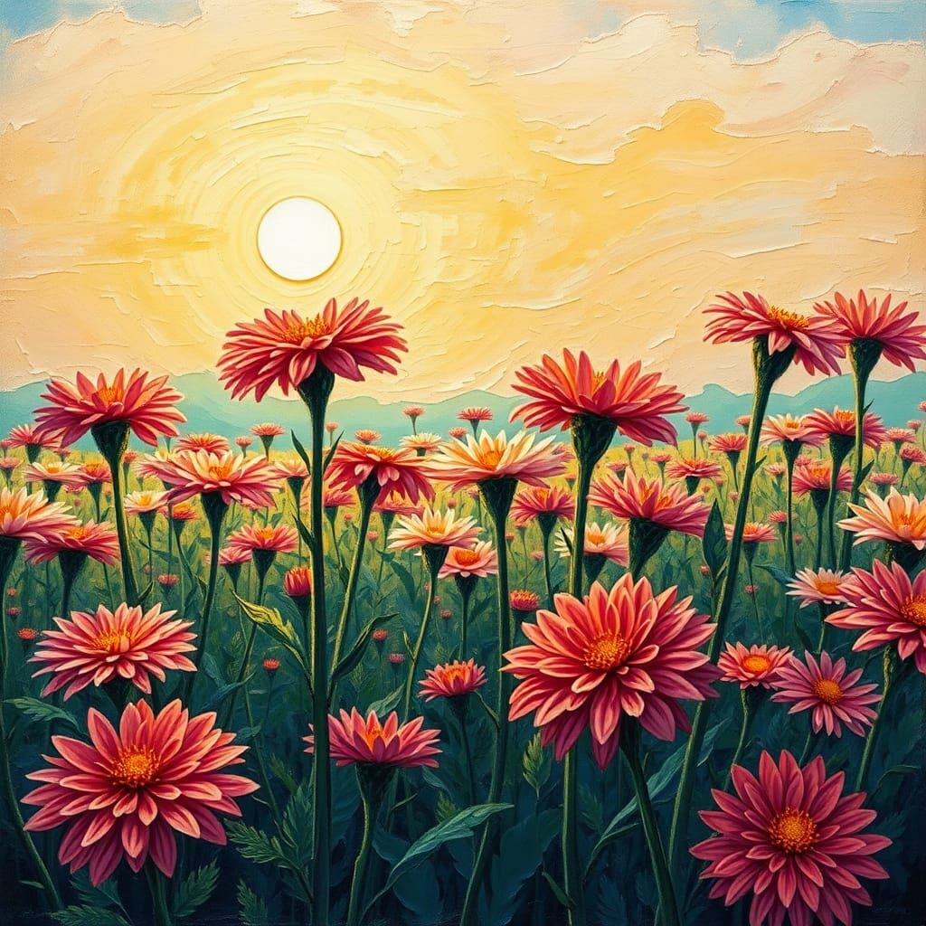 Chrysanthemum Field at Sunrise: Impasto Gouache and Watercol...